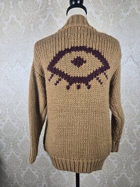 Jackson Rowe Sz XS I See You Cardigan Tan Zip Front Chunky Knit Back Eye Detail